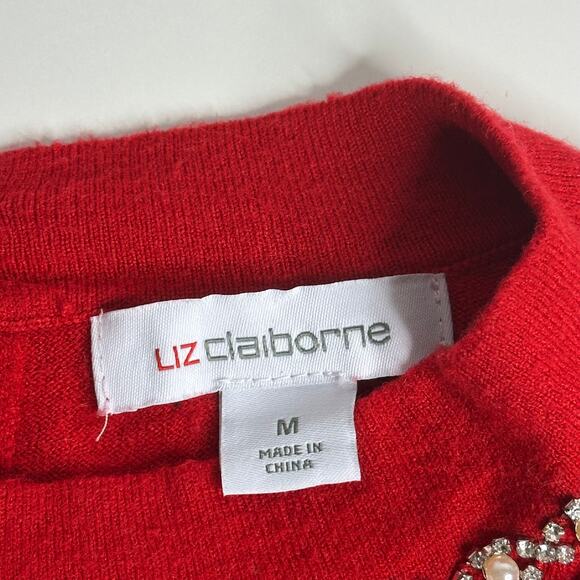 Liz Claiborne Red Cabaret Balloon Sleeve Embellished Neck Sweater Womens Medium - Picture 9 of 11